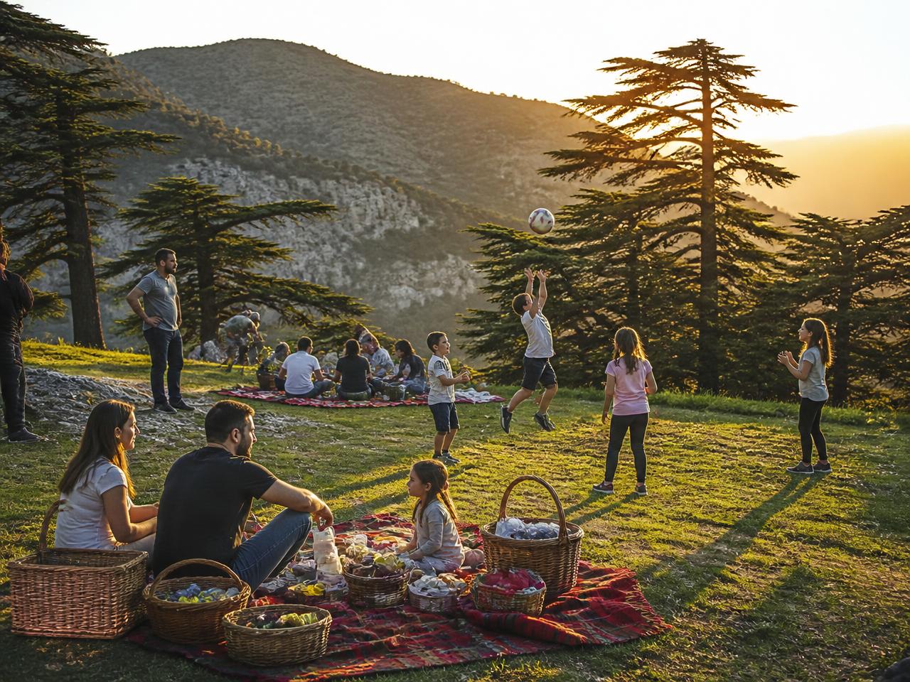 Families picnicking in the mountains