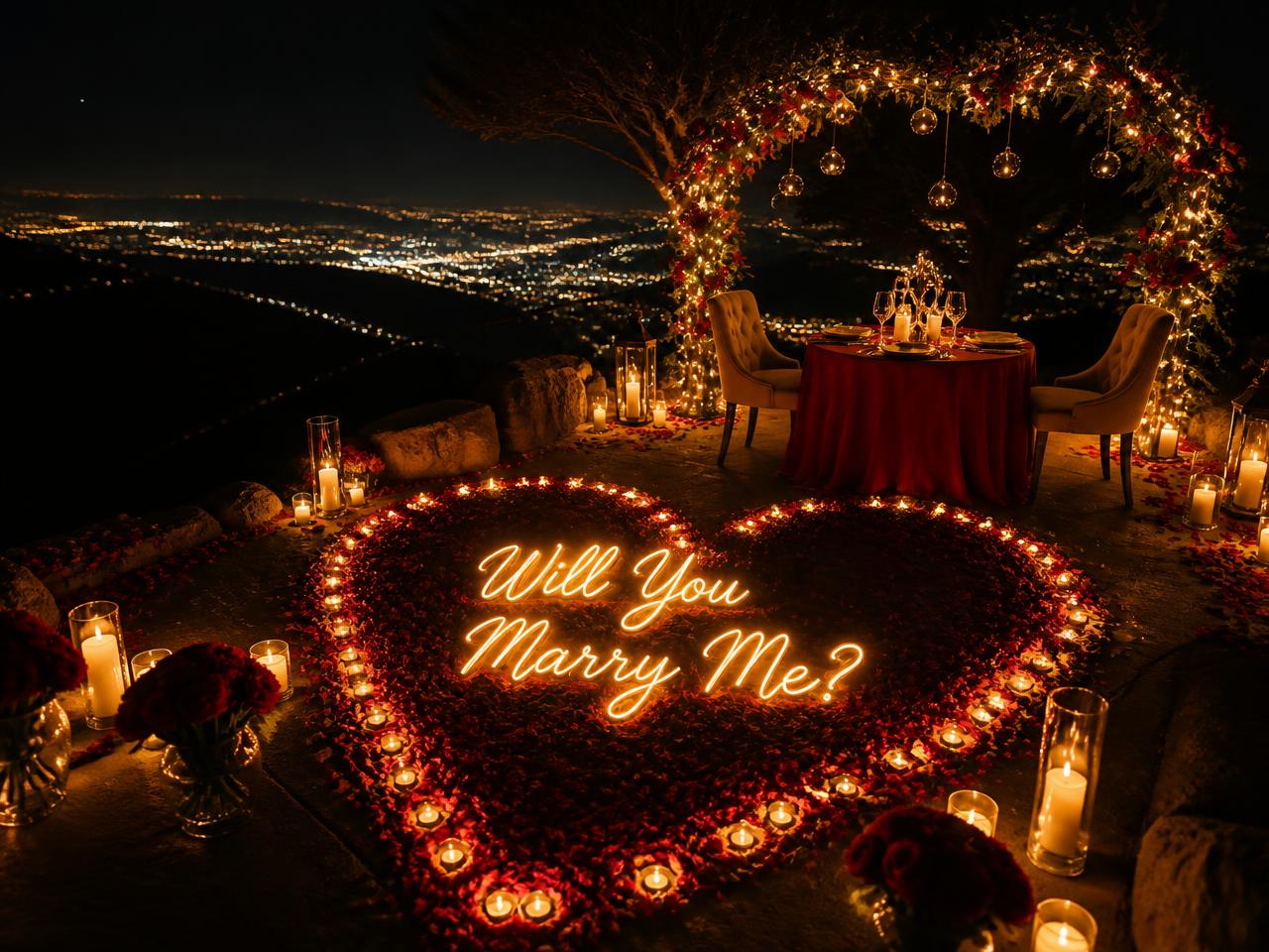 Candle-lit celebration setup overlooking the valley